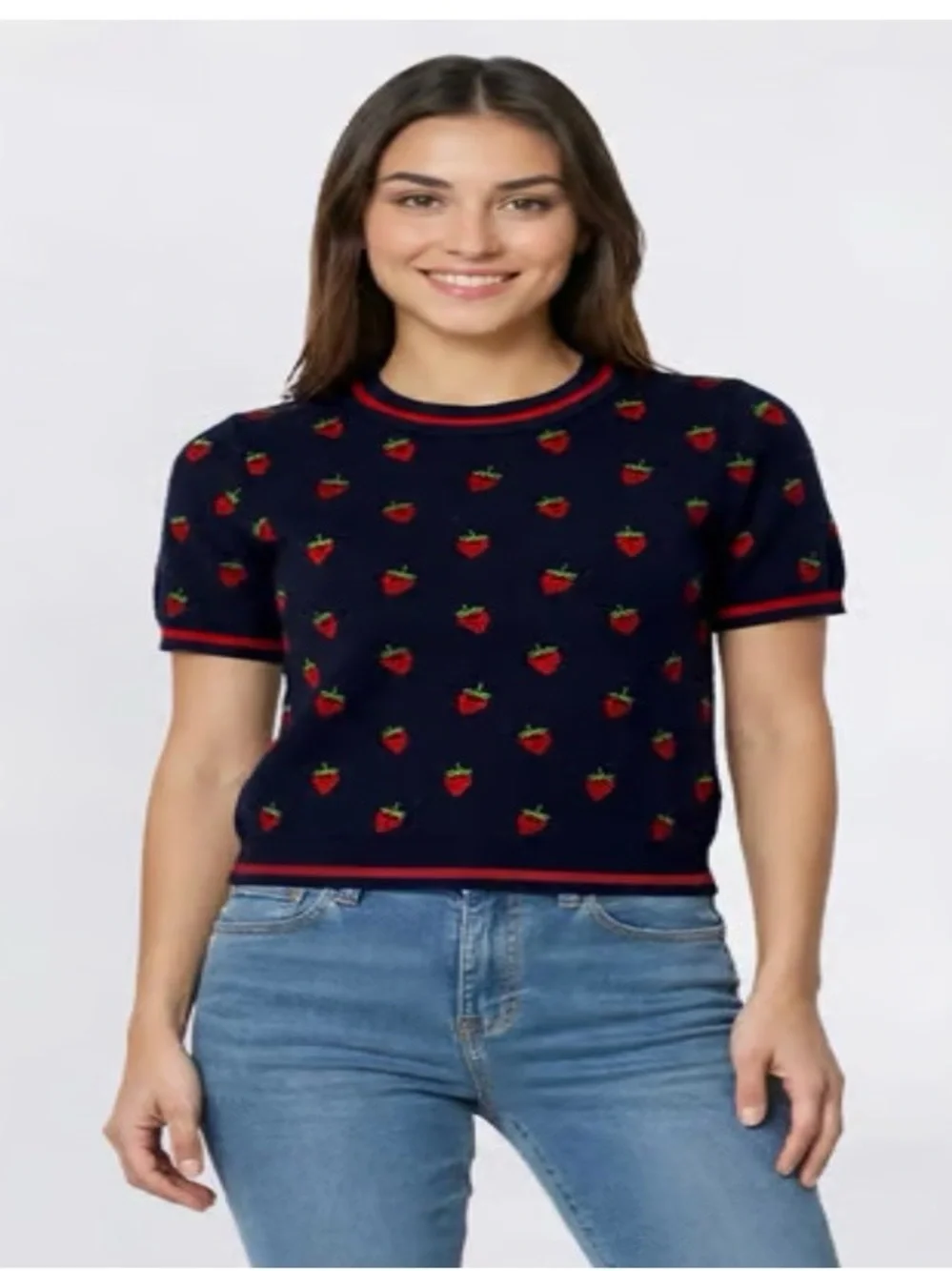 Adrianna Papell Navy Knit Crewneck Sweater with Red Strawberry Motif